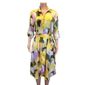 French Connection Watercolor Print Midi Dress Roll Tab Sleeves Size L